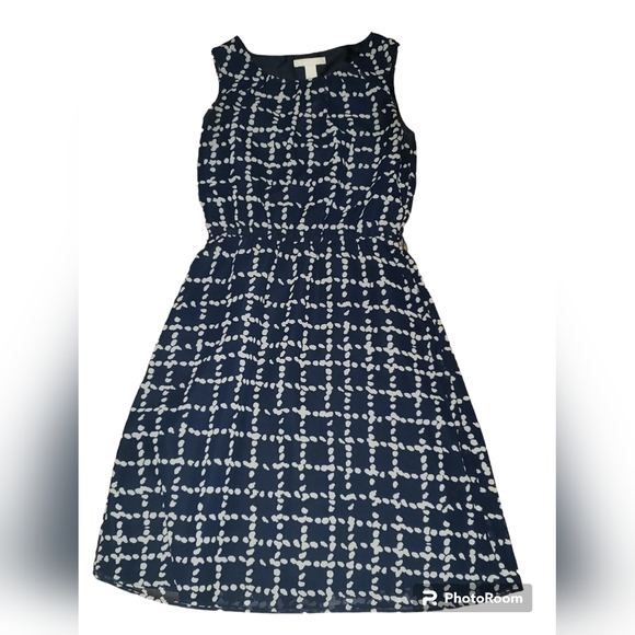 Dresses & Skirts - Banana Republic Navy+White Dress Scoop Neck Elastic Waist Tie Below Knee Size 2
